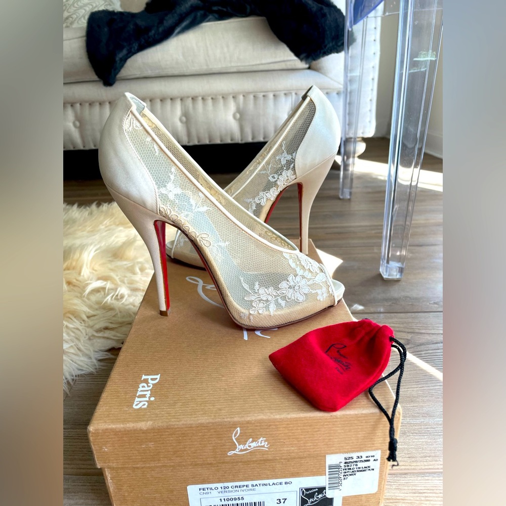 Christian Louboutin ivory lace and satin wedding heels